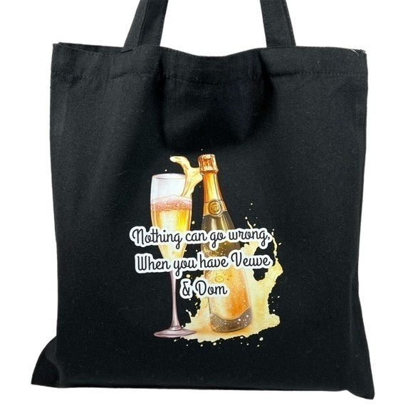 The Blind Medium Handbags - Black Canvas 2 Pc Tote bag & Cosmetics pouch Set Champagne Glass & Bottle design